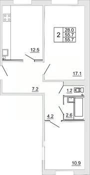 2-к квартира, строящийся дом, 56м2, 1/10 этаж