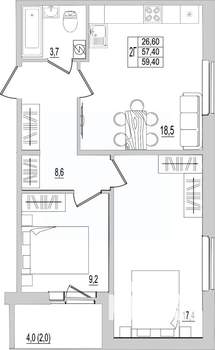 2-к квартира, строящийся дом, 59м2, 9/10 этаж