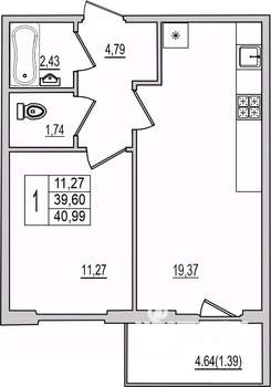 1-к квартира, вторичка, 41м2, 9/10 этаж
