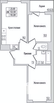 2-к квартира, вторичка, 56м2, 9/10 этаж