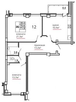2-к квартира, сданный дом, 72м2, 3/16 этаж