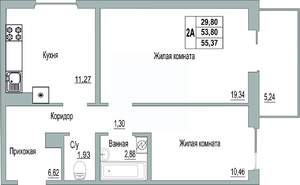 2-к квартира, строящийся дом, 55м2, 7/9 этаж