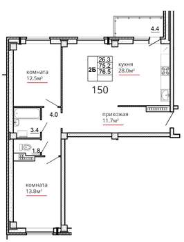 2-к квартира, сданный дом, 77м2, 13/16 этаж