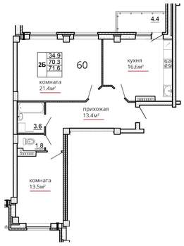 2-к квартира, сданный дом, 72м2, 11/16 этаж