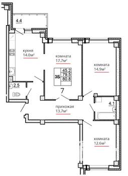 3-к квартира, сданный дом, 81м2, 3/16 этаж