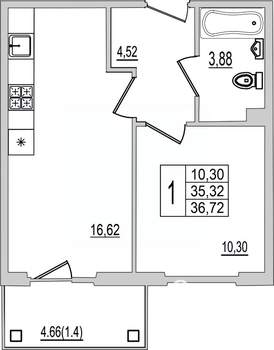 1-к квартира, вторичка, 37м2, 4/10 этаж