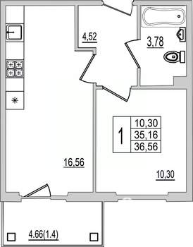 1-к квартира, вторичка, 37м2, 8/10 этаж