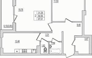 2-к квартира, вторичка, 68м2, 8/10 этаж
