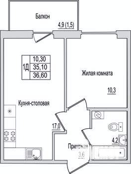 1-к квартира, вторичка, 37м2, 1/10 этаж