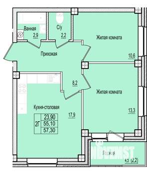 2-к квартира, строящийся дом, 57м2, 1/7 этаж