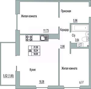 2-к квартира, строящийся дом, 54м2, 2/9 этаж