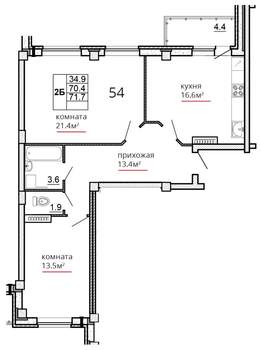 2-к квартира, сданный дом, 72м2, 10/16 этаж
