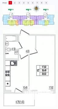 1-к квартира, вторичка, 38м2, 1/9 этаж