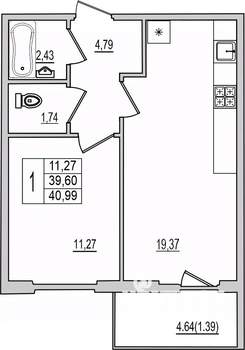 1-к квартира, вторичка, 41м2, 8/10 этаж