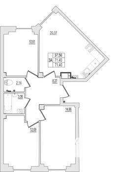 3-к квартира, сданный дом, 71м2, 1/10 этаж