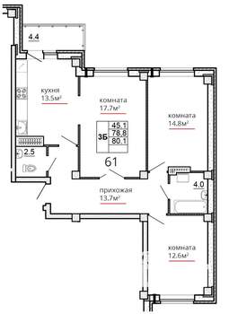 3-к квартира, вторичка, 80м2, 12/16 этаж