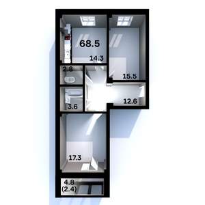 2-к квартира, строящийся дом, 69м2, 2/6 этаж