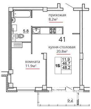 1-к квартира, вторичка, 48м2, 8/16 этаж