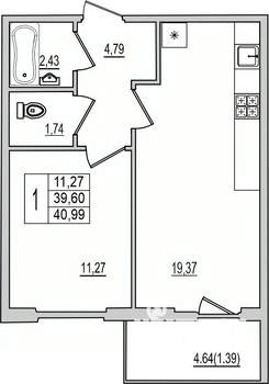 1-к квартира, вторичка, 41м2, 8/10 этаж