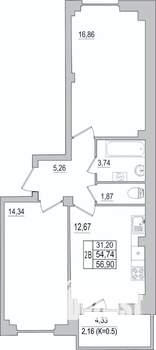 2-к квартира, вторичка, 57м2, 9/10 этаж