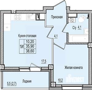 1-к квартира, строящийся дом, 39м2, 5/9 этаж