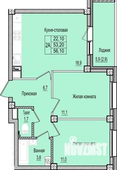 2-к квартира, строящийся дом, 56м2, 5/9 этаж