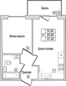 1-к квартира, вторичка, 37м2, 1/10 этаж