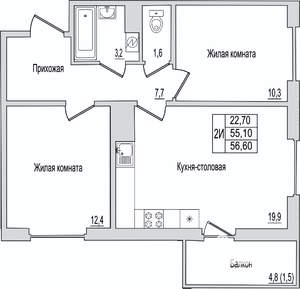 2-к квартира, вторичка, 57м2, 6/10 этаж