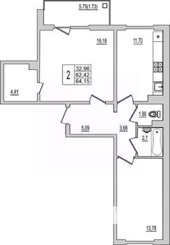 2-к квартира, вторичка, 64м2, 4/10 этаж