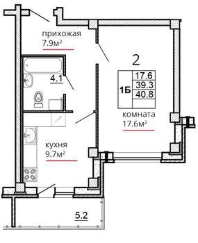 1-к квартира, сданный дом, 41м2, 2/16 этаж