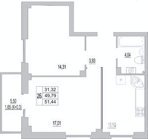 2-к квартира, сданный дом, 51м2, 4/10 этаж