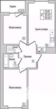 2-к квартира, вторичка, 56м2, 1/10 этаж