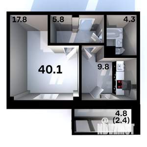 1-к квартира, строящийся дом, 40м2, 6/6 этаж