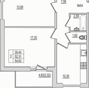 1-к квартира, вторичка, 55м2, 1/10 этаж