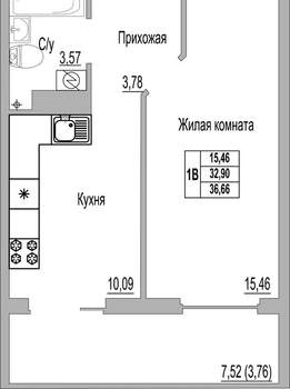 1-к квартира, вторичка, 37м2, 8/9 этаж