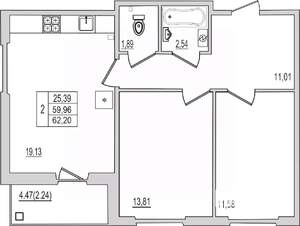 2-к квартира, вторичка, 62м2, 9/10 этаж