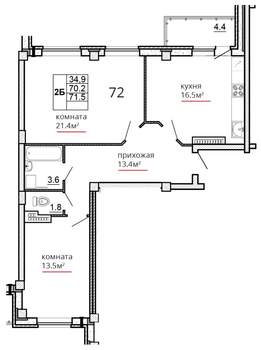 2-к квартира, вторичка, 72м2, 13/16 этаж