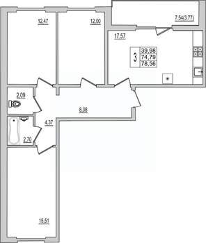 3-к квартира, вторичка, 79м2, 10/10 этаж
