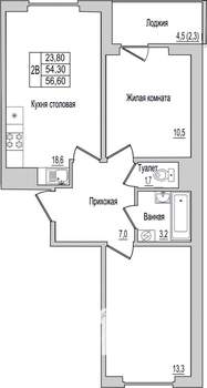 2-к квартира, вторичка, 57м2, 1/10 этаж
