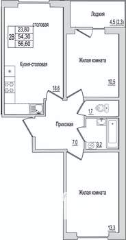 2-к квартира, вторичка, 57м2, 1/10 этаж