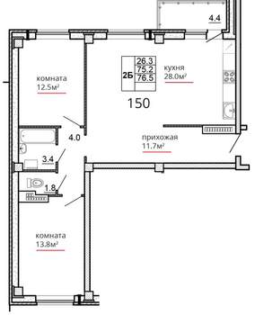 2-к квартира, вторичка, 77м2, 13/16 этаж