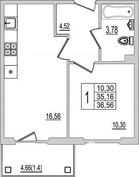 1-к квартира, вторичка, 37м2, 9/10 этаж