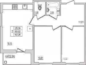 2-к квартира, вторичка, 62м2, 5/10 этаж