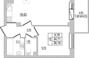 1-к квартира, вторичка, 36м2, 4/10 этаж