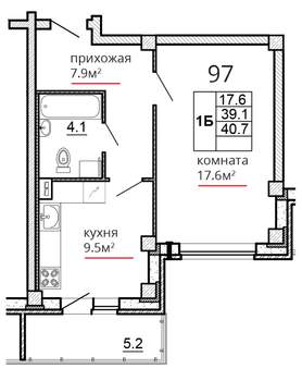 1-к квартира, сданный дом, 41м2, 3/16 этаж