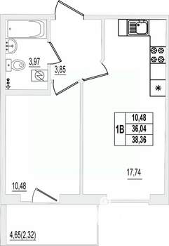 1-к квартира, вторичка, 38м2, 1/9 этаж