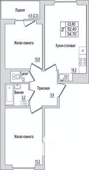 2-к квартира, вторичка, 55м2, 10/10 этаж