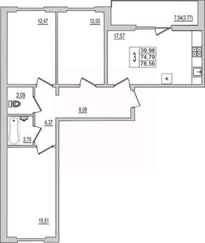 3-к квартира, вторичка, 79м2, 8/10 этаж