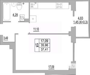 1-к квартира, строящийся дом, 37м2, 1/10 этаж