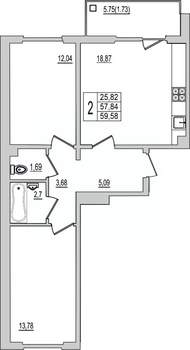 2-к квартира, вторичка, 59м2, 10/10 этаж